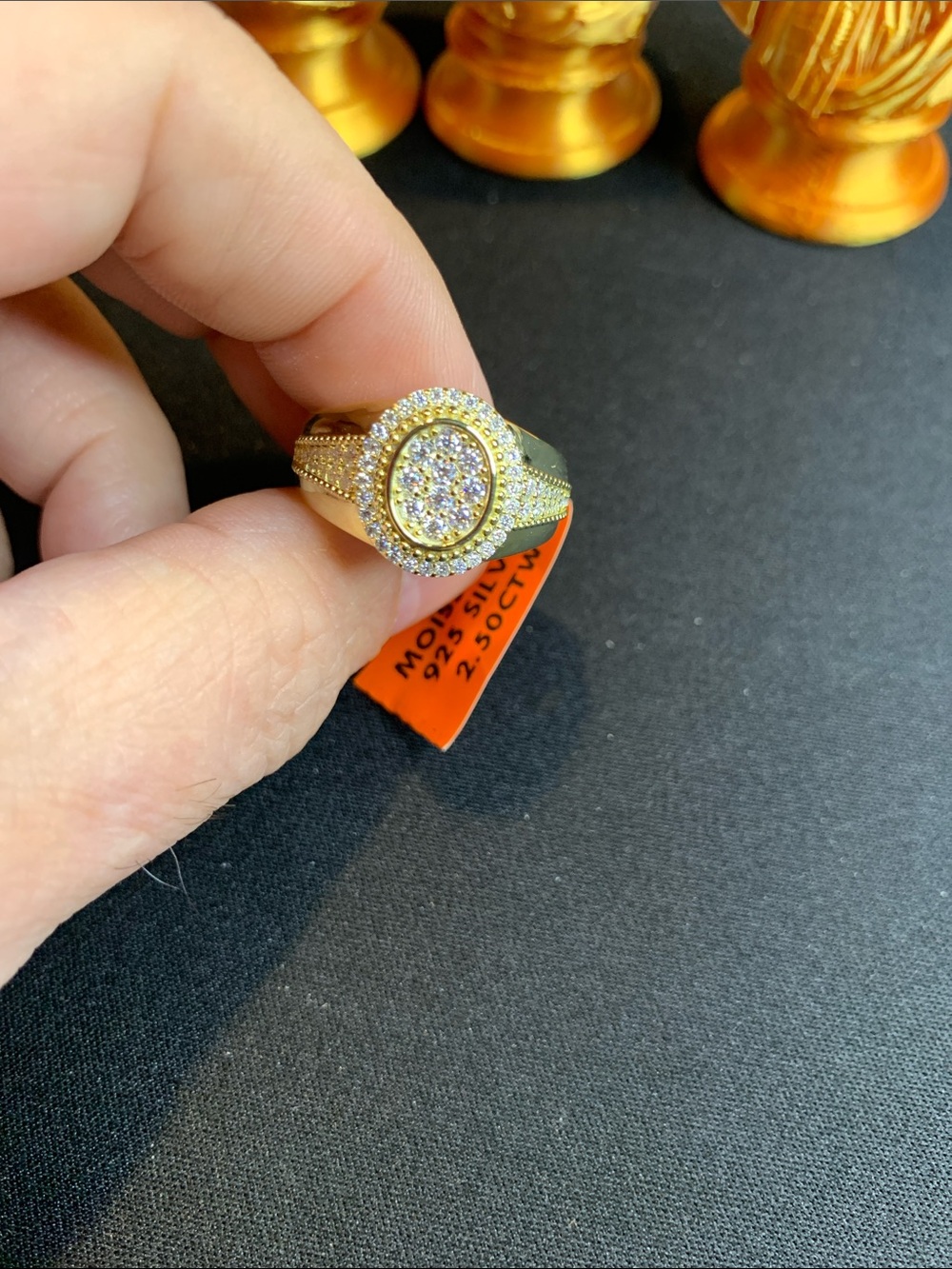 Sterling Silver 14k Gold plated Oval Halo Ring with 2.5 ctw of Moissanite Diam